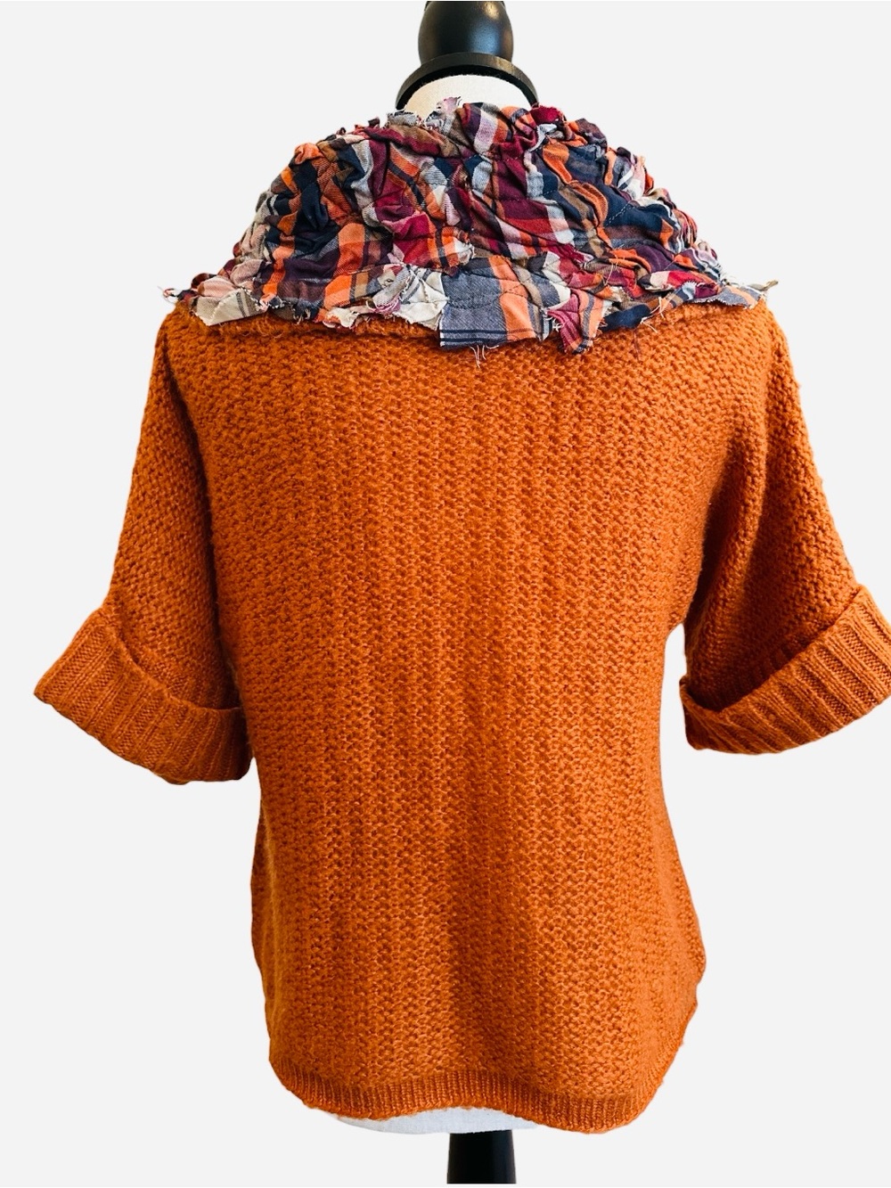 E-vie Orange Cable Knit Cardigan Upcycled Plaid Ruffle Collar Artsy OOAK Medium - Picture 3 of 9
